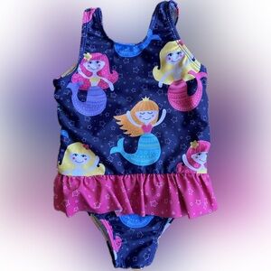 Girls' Navy Mermaid Print One-Piece Swimsuit with Pink Ruffle